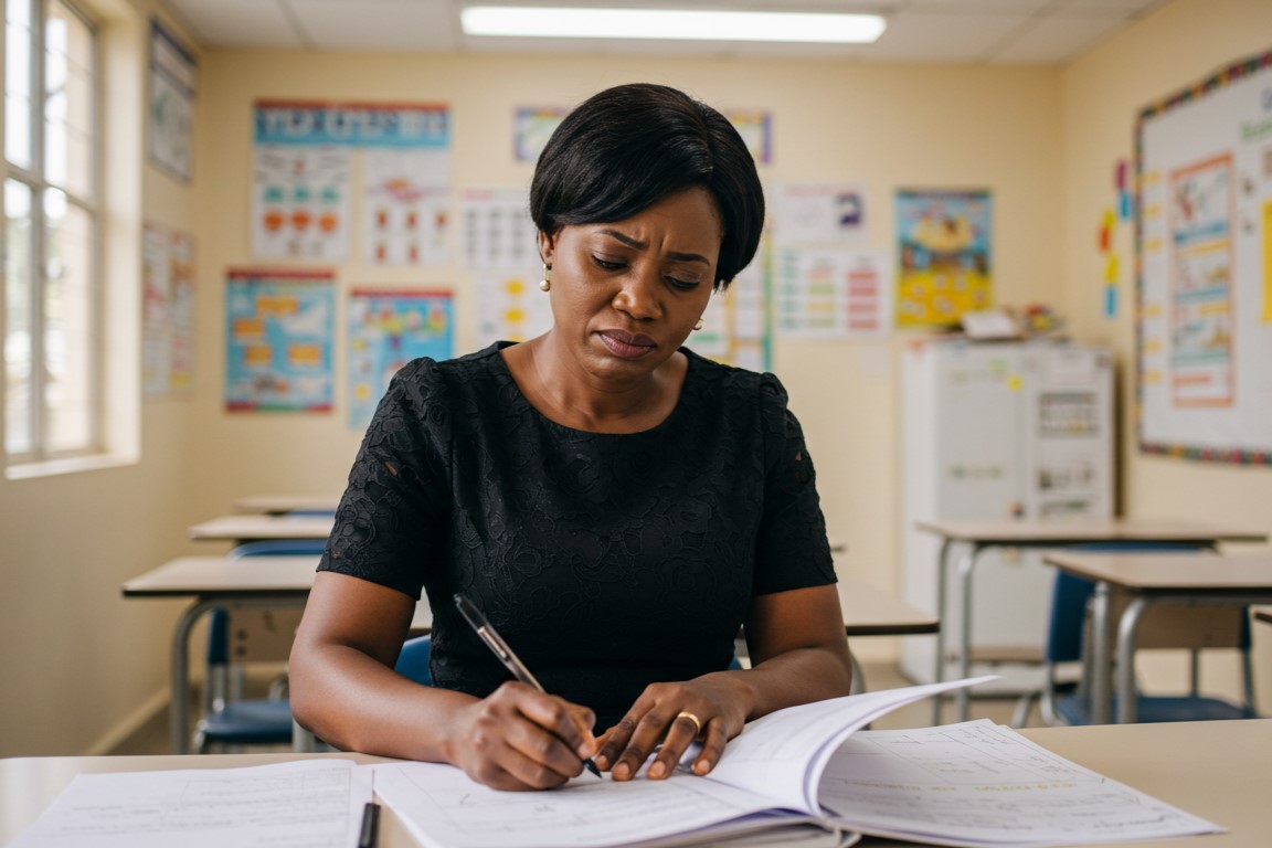 An educator looking stressed while working late on lesson plans.